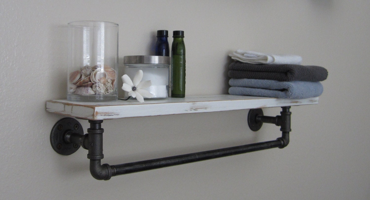 Nautical Beach Cottage Reclaimed Cedar Pipe Shelf and Towel hanger in Distressed Whisper White