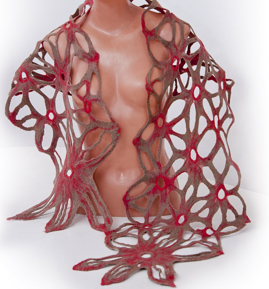 Made to Order Felted Scarf  Grid Gray Red Openwork