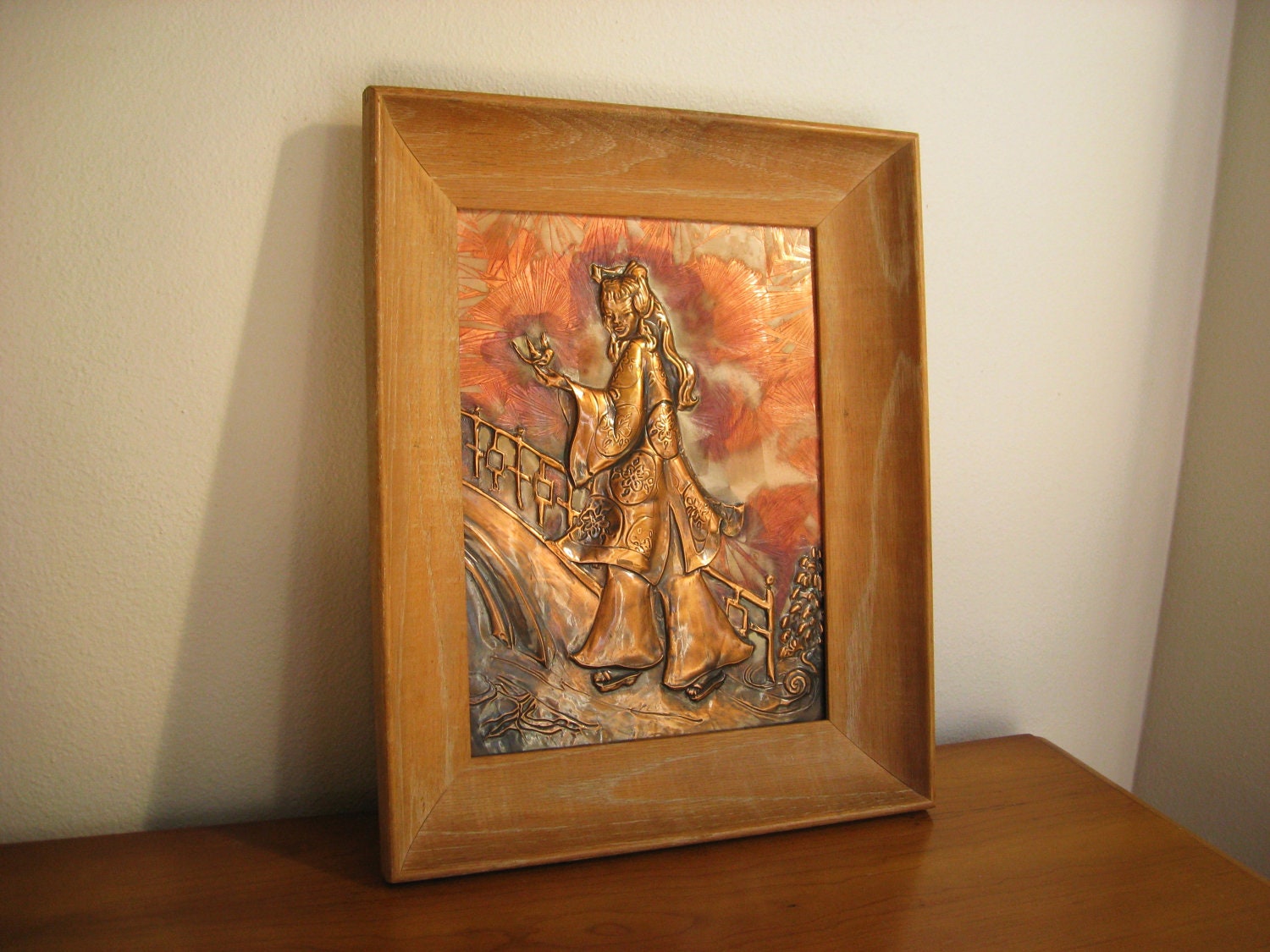 Vintage Asian Copper Relief Picture, Embossed, 3D Art Work, Asian Woman Picture