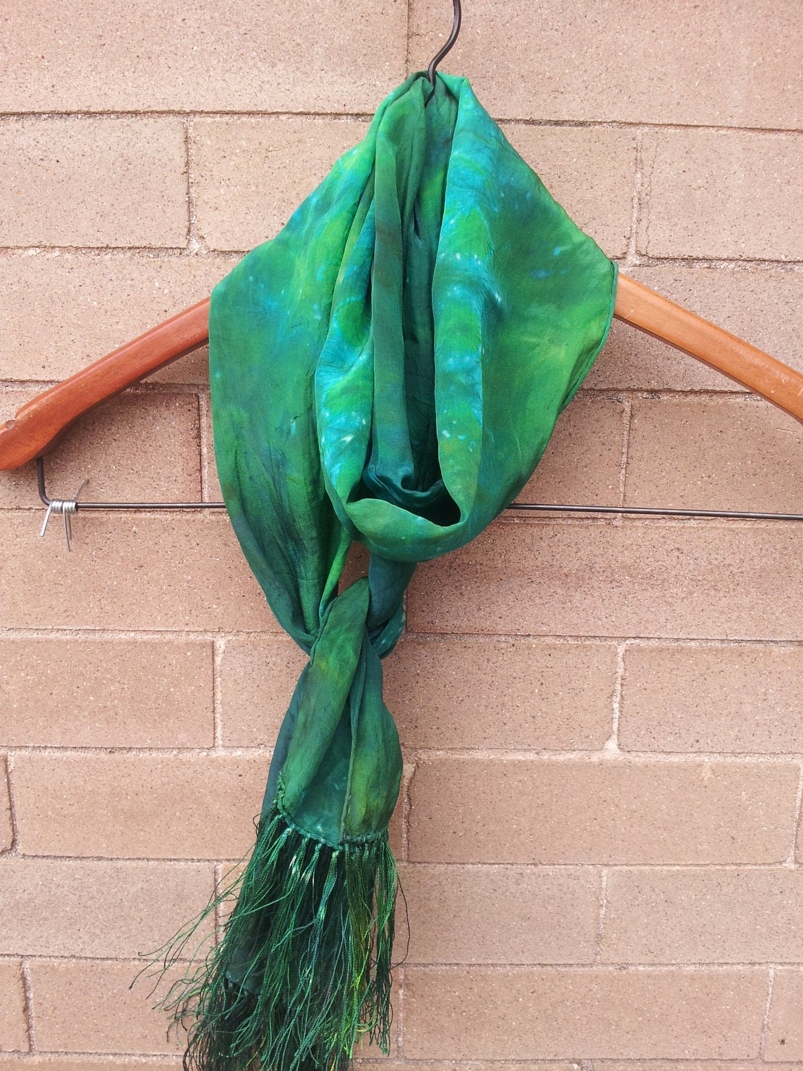 Green Tie Dye Crepe Silk Scarf with Fringe 11"x60"