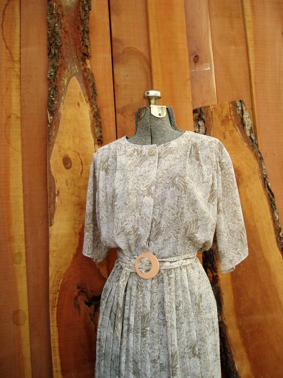 70's Secretary Dress in White and Beige Brown with Lovely Floral Print and Belted Waist by Willys Influence Size 12 L XL