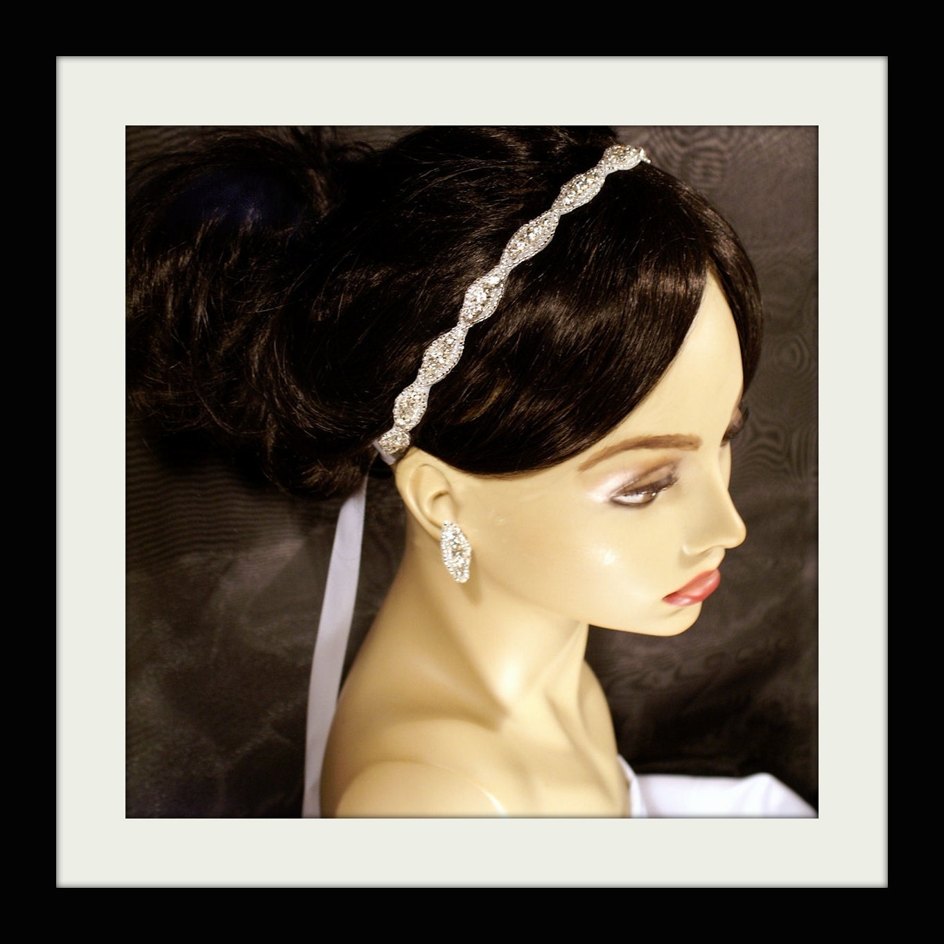 Bridal Headband Ribbon Rhinestone Ready to SHIP Now FREE Best Seller Crystal Beaded Single IVORY white Audrey 1 by L Wilson