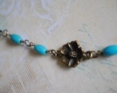 Teal Beads & Flower Charm Bracelet - bronze chain, wire-wrapped, lobster claw clasp