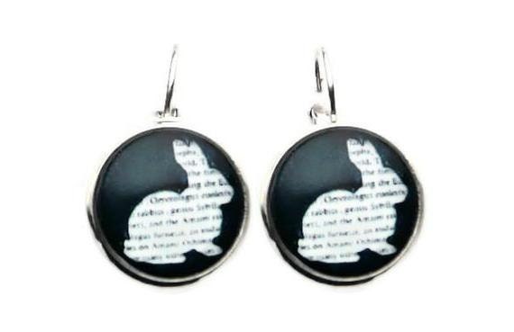 Cute Bunny Dictionary Silhouette Earrings In Black & White, Literary, Rabbit, Book Jewelry