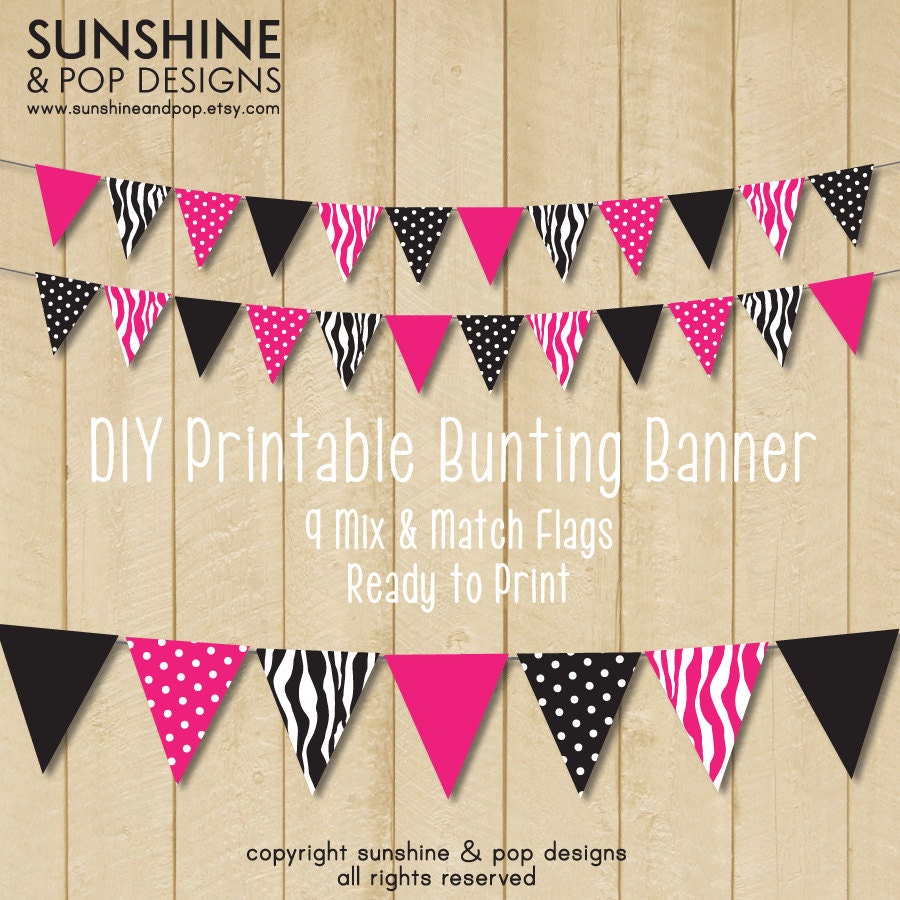 INSTANT DOWNLOAD - DIY Party Printable Flag Banner - Pink and Black Zebra Print - perfect for events and party decorations Il_570xn