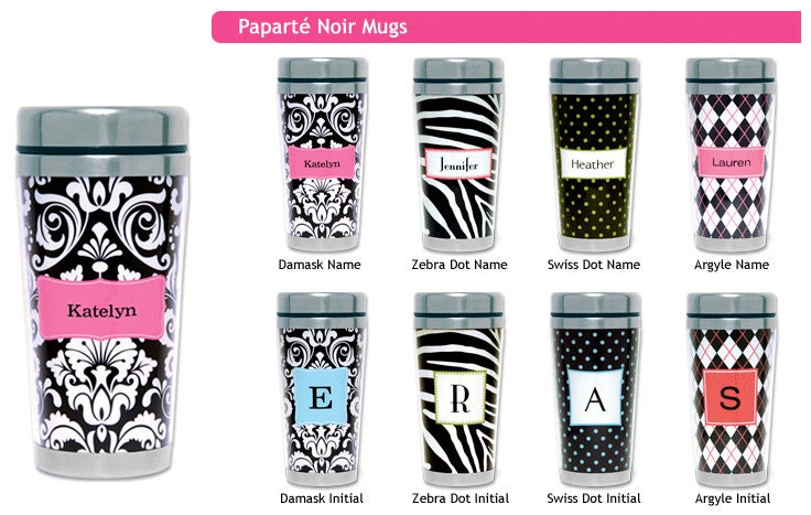 Personalized Travel Mugs - NOIR - You choose any 2 colors - Design - Add Name or Initial - QUICK DELIVERY
