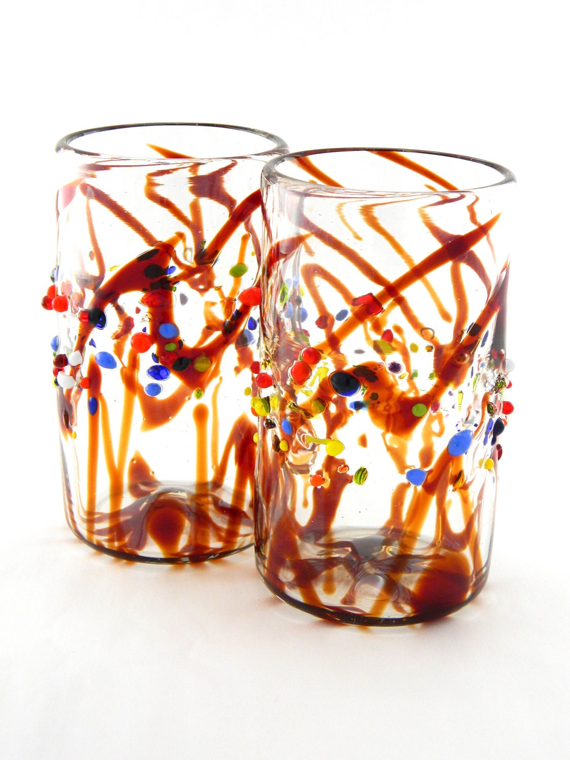 Hand Blown Art Glass Tumblers Red Striped Glass by MOODYGLASS