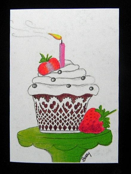 Original Art Greeting Card Happy Birthday Cupcake