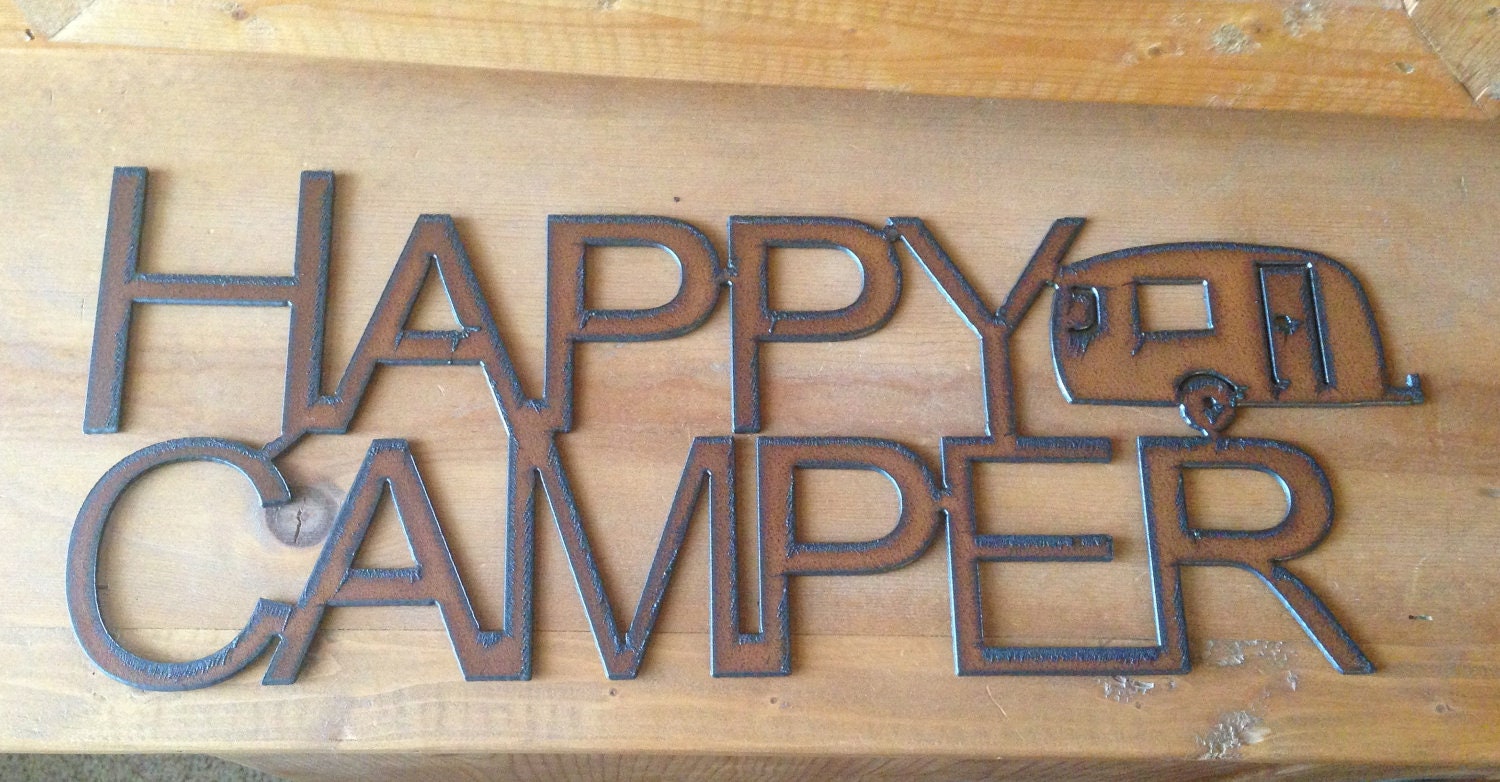 Rustic Recycled Metal Happy Camper Trailer Sign