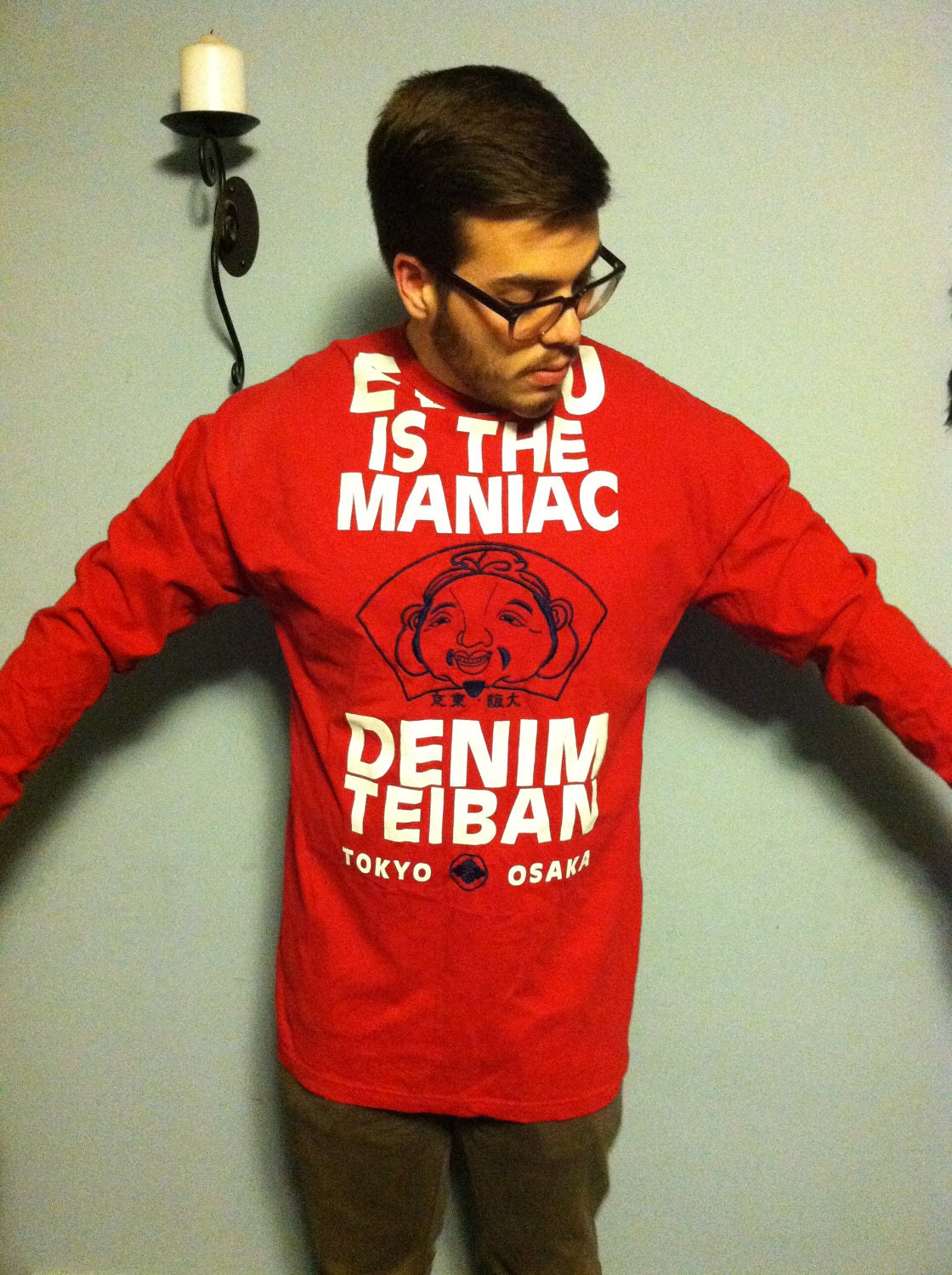 RARE VIntage Red Evisu is the Maniac Denim Teiban Tokyo Osaka Evisu Long Sleeved Tee Shirt w/ Asian Logo