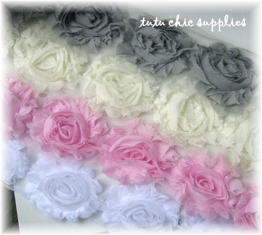 Tutu Chic Supplies Pink White Ivory & Gray Shabby Chic Flowers Chiffon Flowers Fabric Flowers baby headbands Flower headband Supplies
