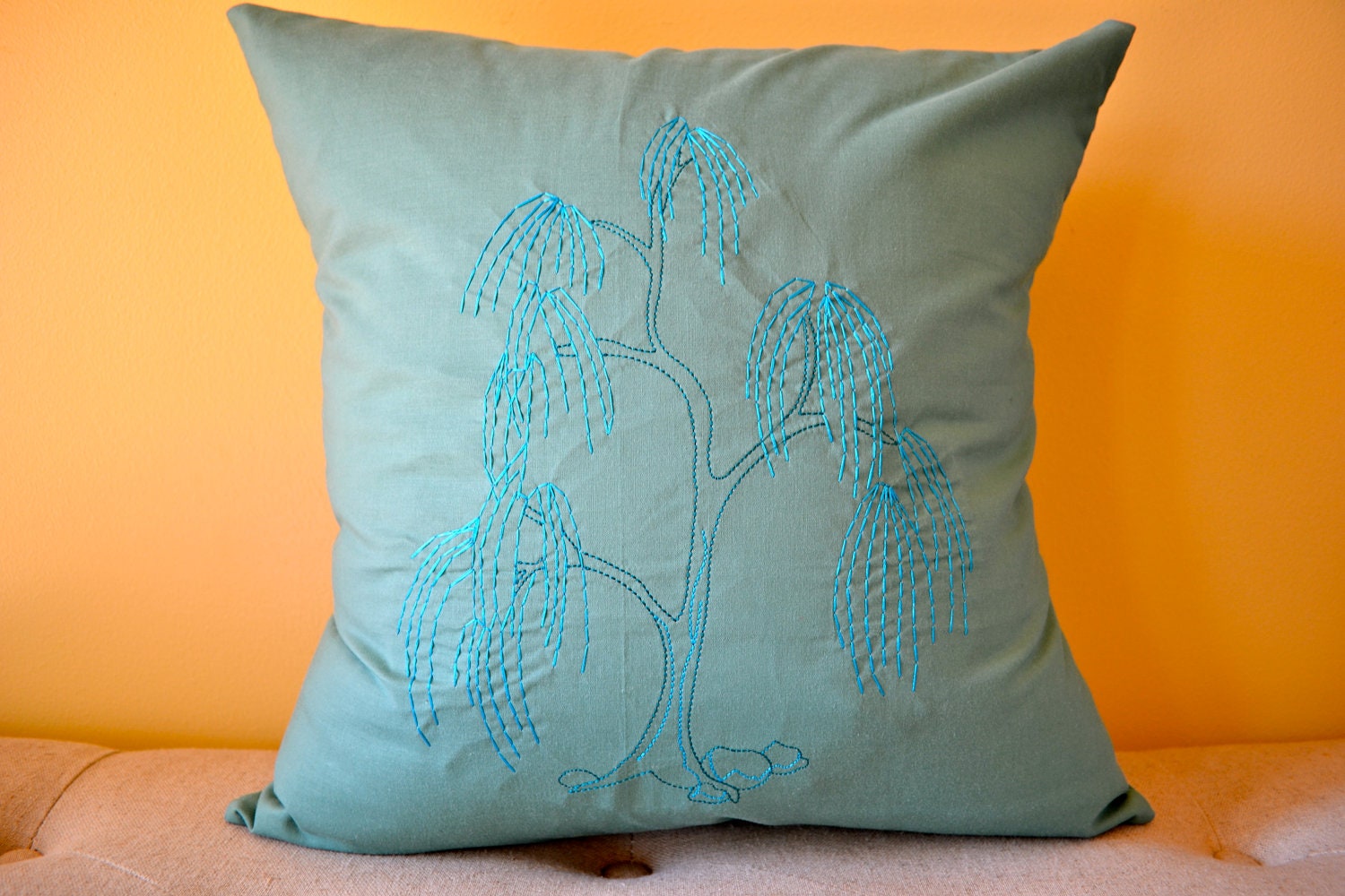 Willow Tree - Embroidered 18 x 18 Pillow Cover - Blue/Green throw pillow - Machine Embroidered Willow Tree