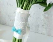 Lucky Penny Pocket Bouquet Wrap, Rustic Linen and Lace, Ivory and Aqua