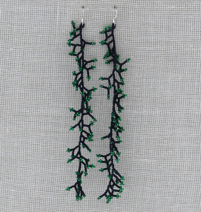 Extra  Long  Earrings. Long Black and Green Dangle Earrings. Shoulder Dusters. Beadwork. Handmade Jewelry