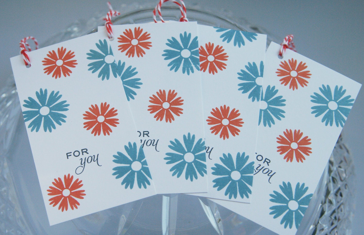 Orange and Blue Flowers For You Gift Tags or Party Favor Tag Set of Four