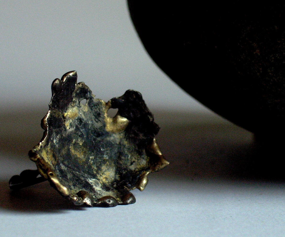 Irregular Concave Ring, steel and brass Cocktail Ring, adjustable fit, OOAK handmade by Seattle artist Larry Calkins