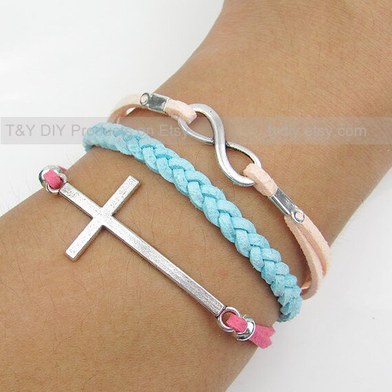 Cross Bracelet, Infinity Bracelet, Charm Bracelet, Leather Braid Bracelet Thin Leather Cord Adjustable Weave Bangle Extension Chain