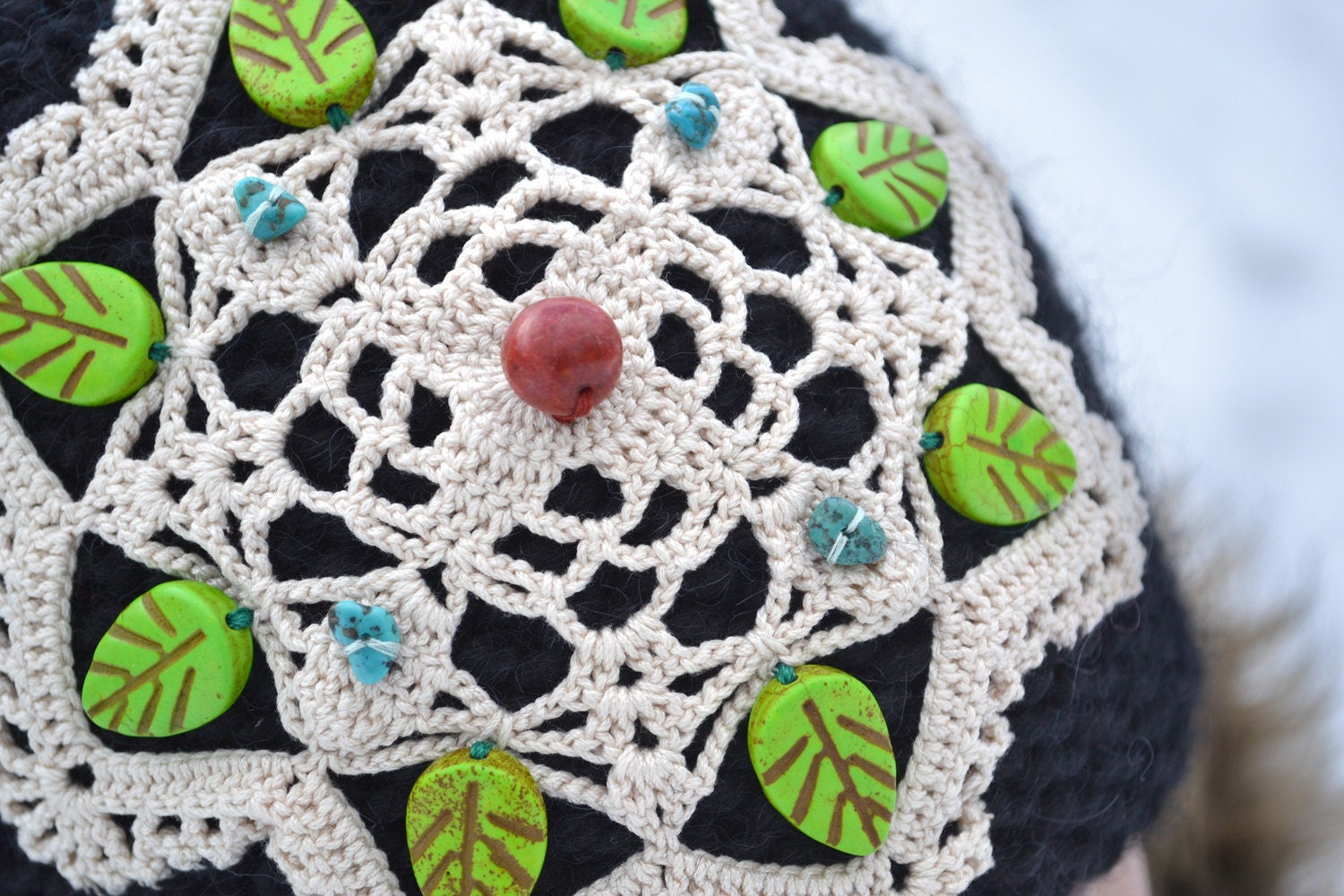 SALE Cat ear hat the goddess bast AWAKENED mandala third eye chakra beanie with coral turquoise and magnesite chunky warm winter hat
