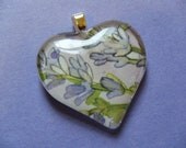 OOAK Lavender Purple Flower Heart Recycled Material Glass Tile Pendant Upcycled Paper Nature Spring Sprig Plant Garden Necklace Jewelry