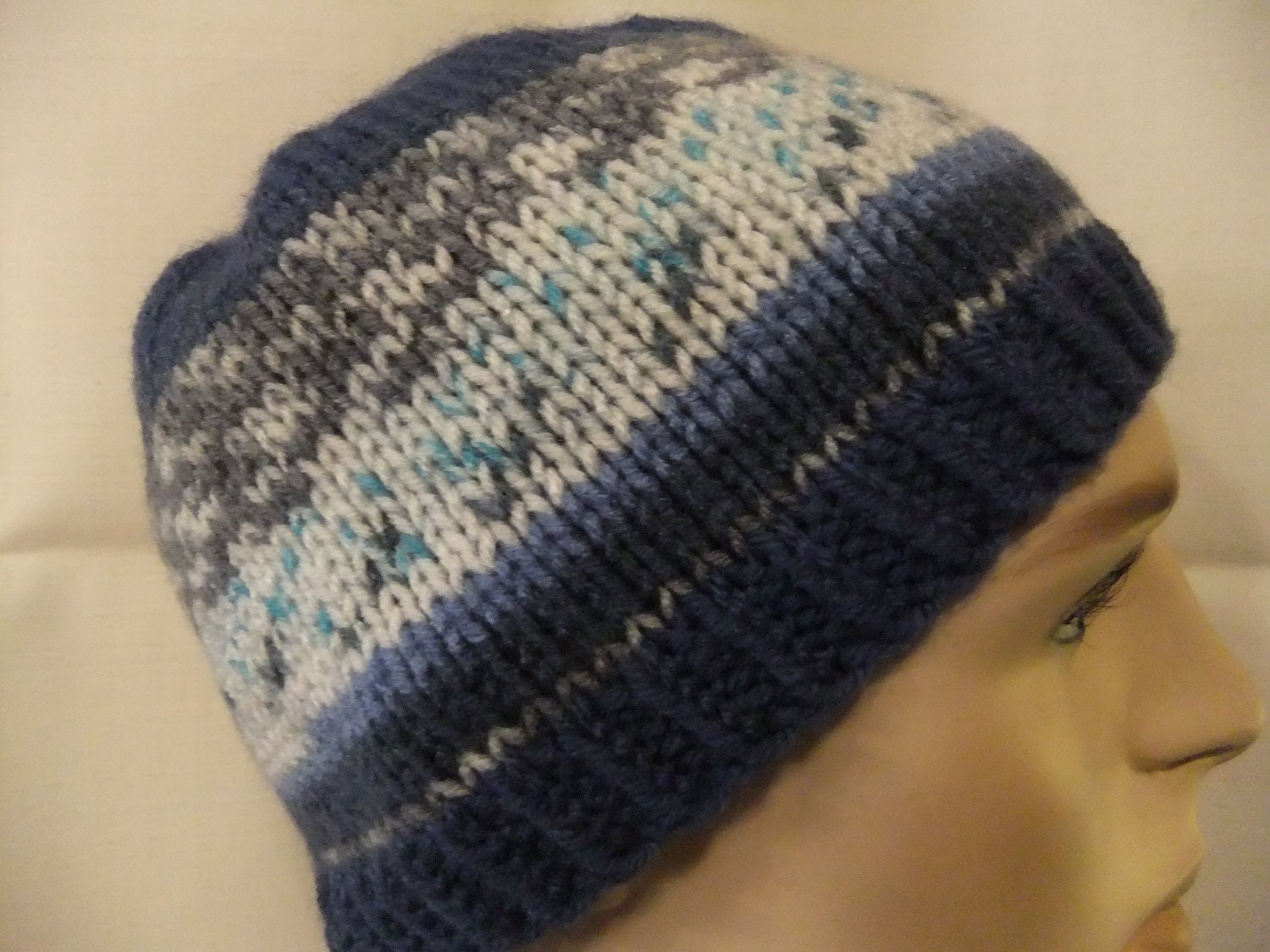 Hand Knit Man Beanie Handmade Unisex Toque Accessory Hat Blue White Grey