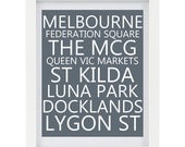 Melbourne, Australia, Typography Print, Modern Home Decor, Grey Home Decor, 8 x 10 Print