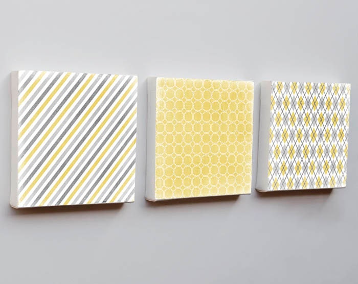 Geometric Art 6x6 - mid century modern wall art canvas prints set of three 3 yellow black gray stripes argyle polka dot