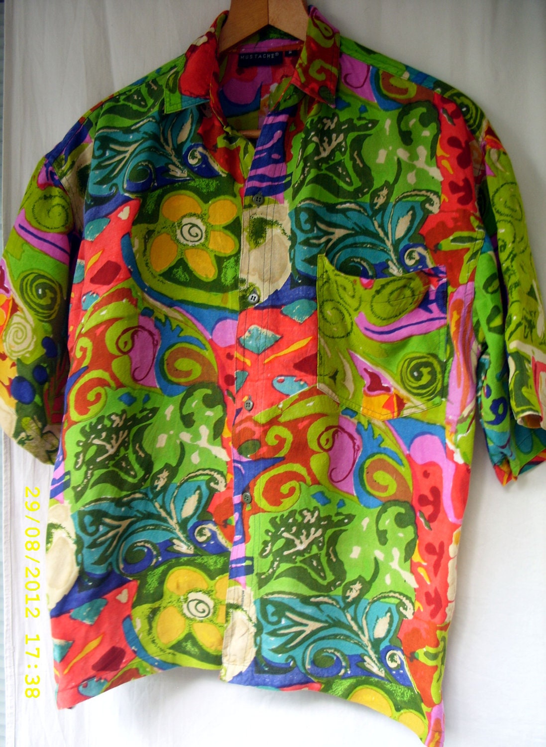Vintage Colorful Men's Shirt " Mustache" Boho Shirt - Small Super SALE