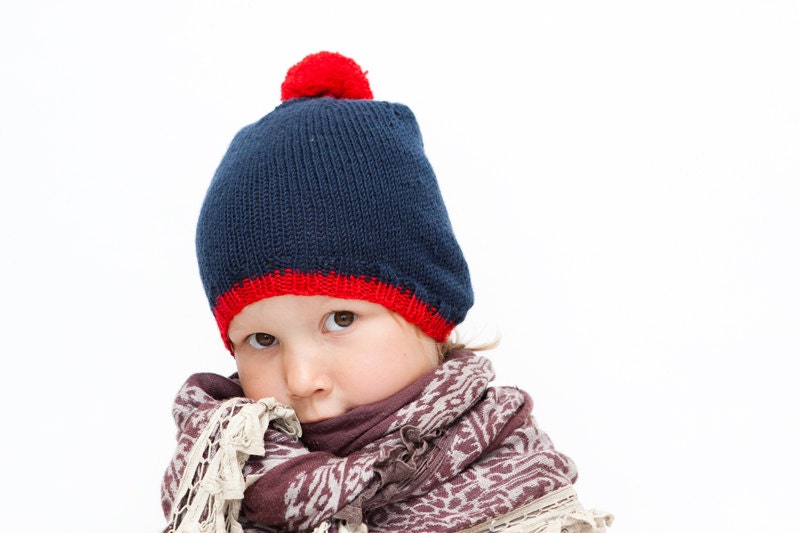 SALE Children beanie pom pom spring hat navy blue Size 3/5 years