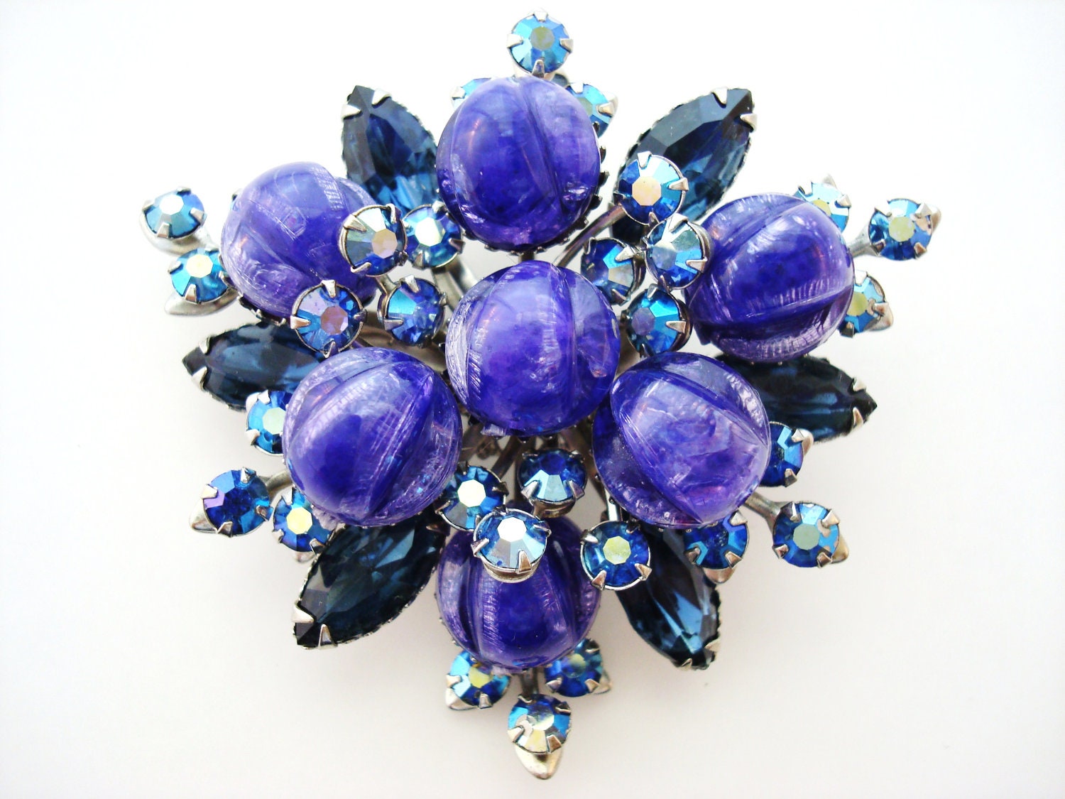 Vintage Purple, Dark Blue, & Aurora Borealis Layered Rhinestone Brooch