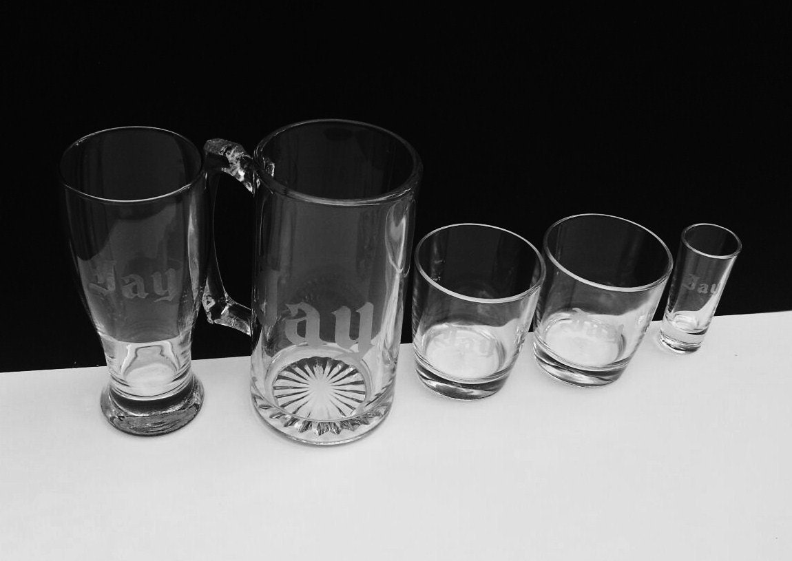 Personalized Etched Glassware Set-beer mug, pilsner glass, shot glass, rocks glasses