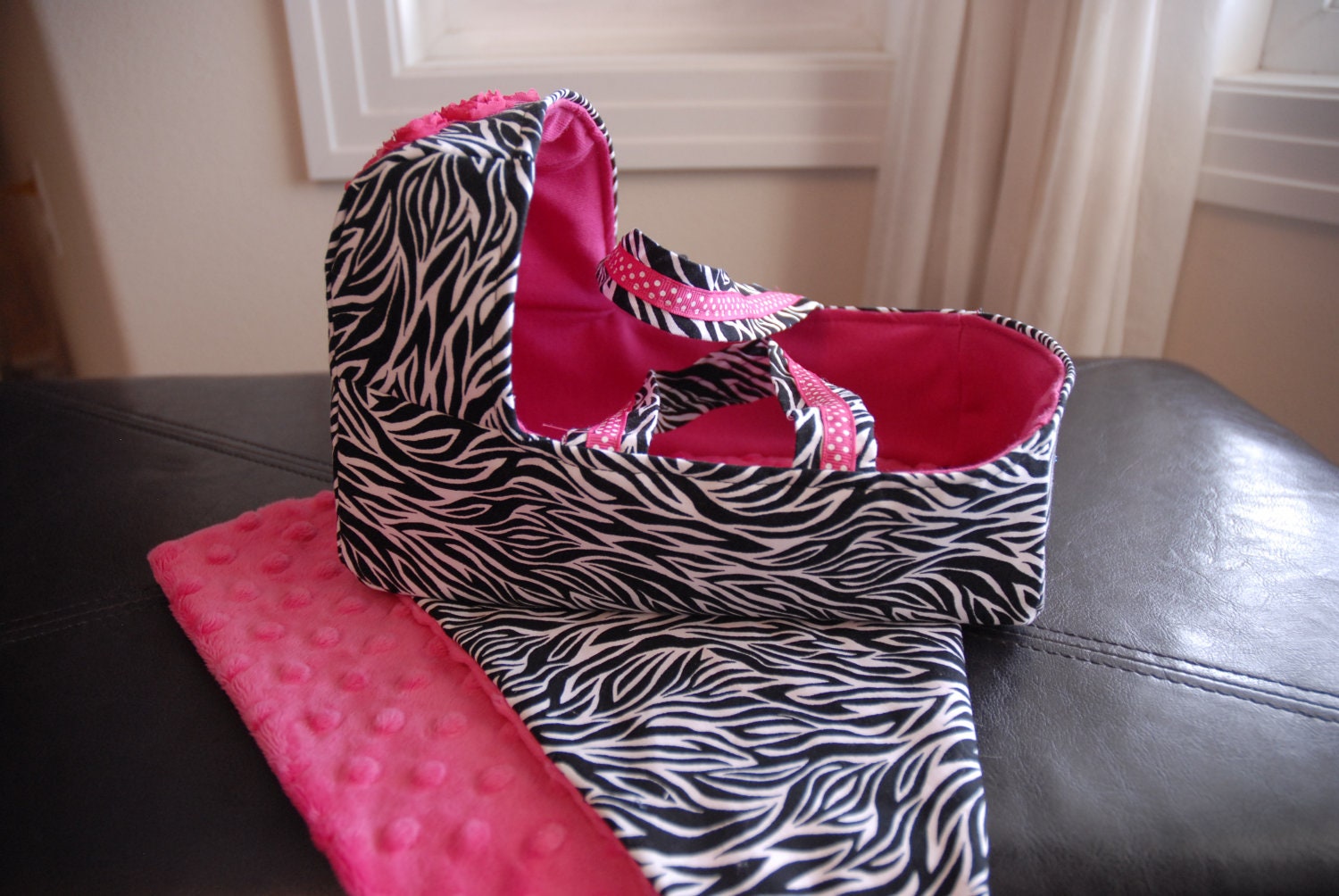 Childrens toy baby doll 10 inch bed carrier pink lining with zebra print  includes 14 inch minky and zebra print blanket