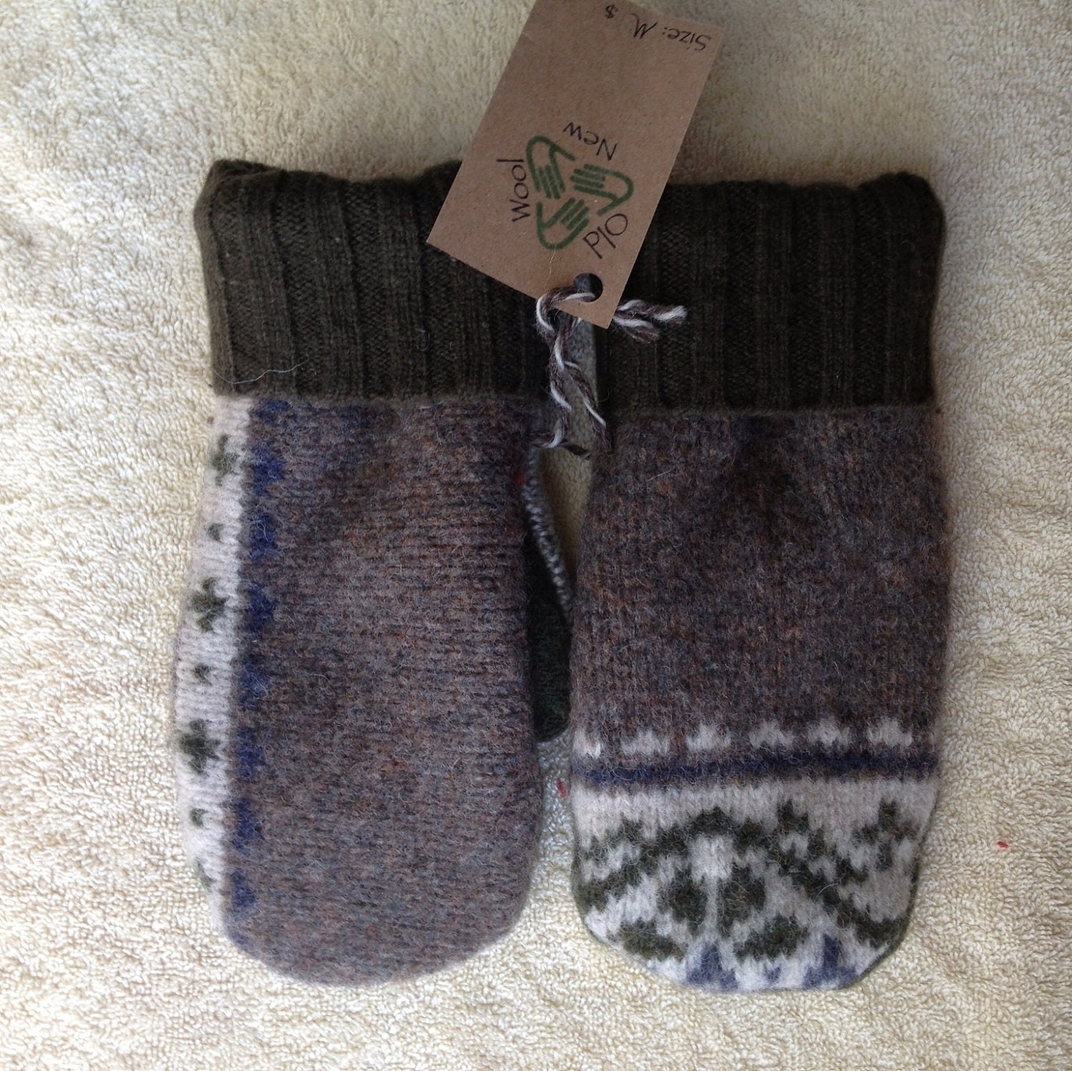 Upcycled Wool Sweater Mittens, women/ mens M, brown with green trim
