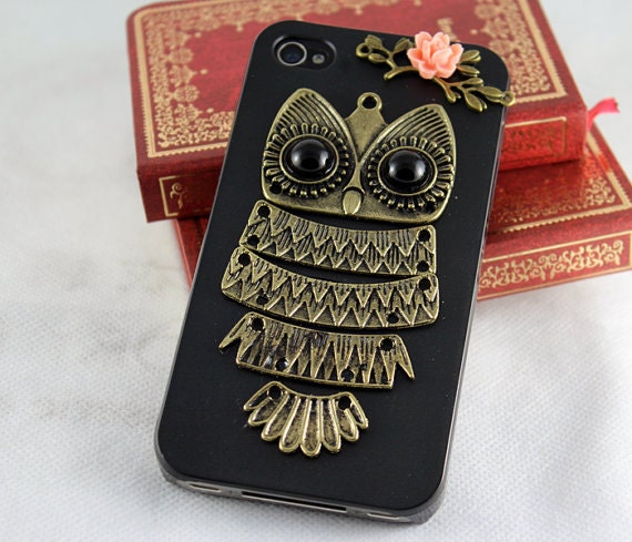 Antique brass Cute Owl with pink rose ,branch Hard Case Cover ----for Apple iPhone 4 Case, iPhone 4s Case, iPhone 4 Hard Case