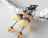 Yellow Earrings Saffron Lucite Flower Dangles Vintage Style Beaded Jewelry Antiqued Bronze Garden Inspired Romantic Jewellery Handmade