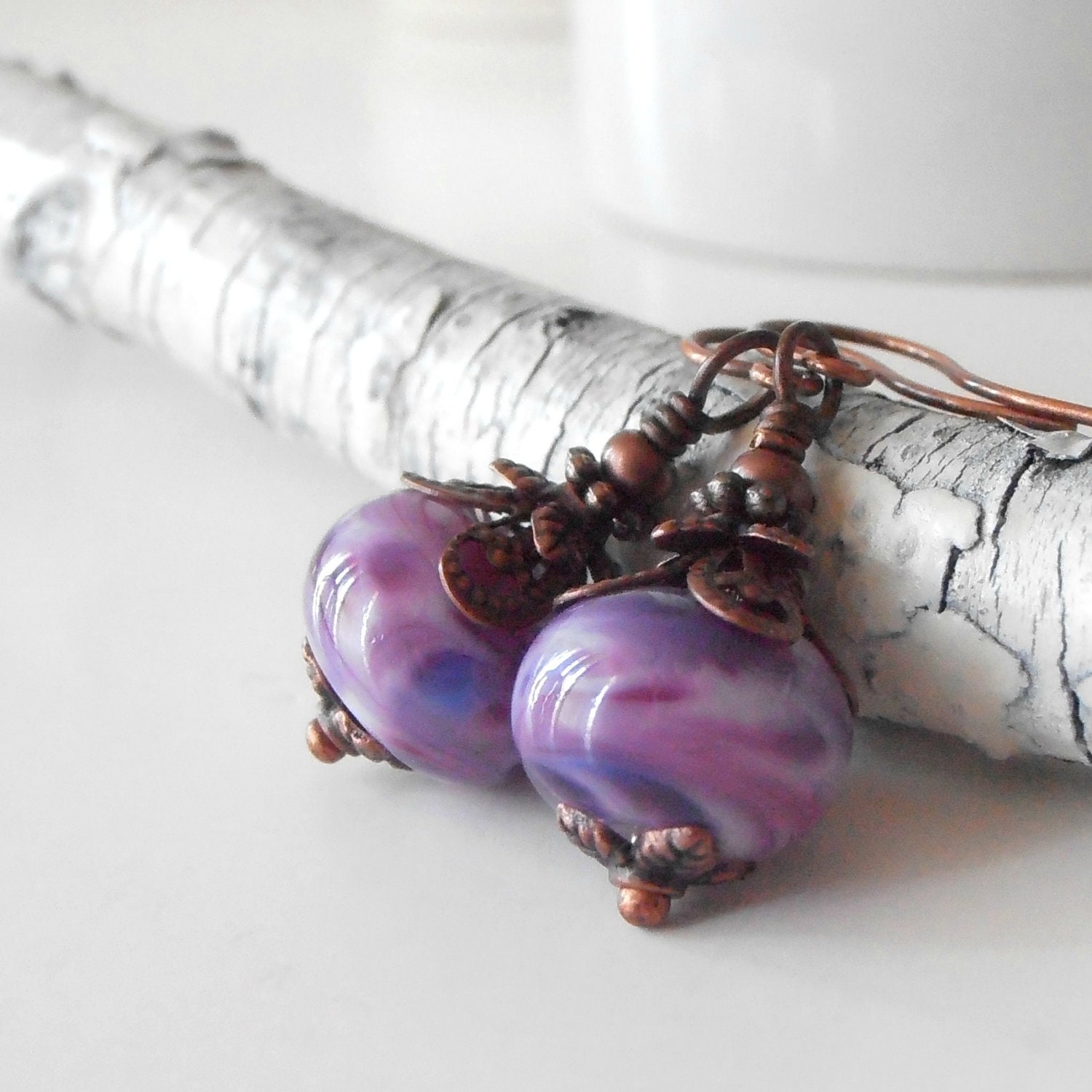 Glass Bead Earrings Purple Swirl Lampwork Dangles Violet Beaded Jewelry Antiqued Copper Handmade Jewellery Under 25