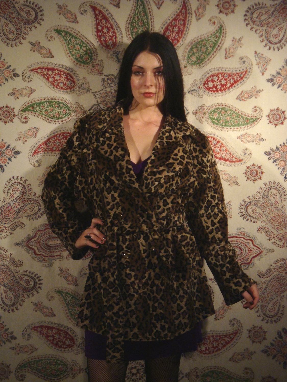leopard fuzzy 80s plush soft cat print jacket coat L