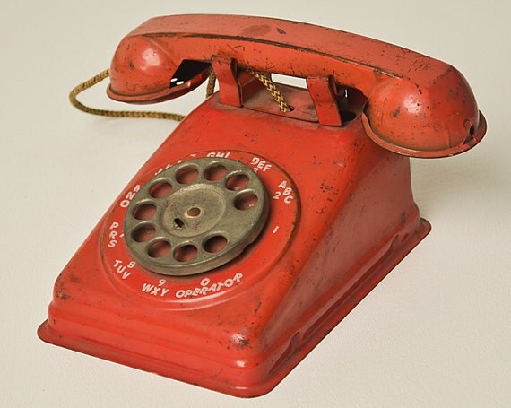 ON SALE Vintage toy telephone red metal rotary by BarnesAntiques