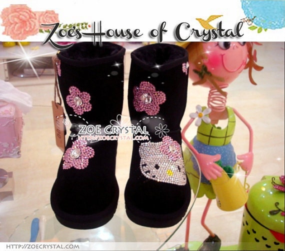 WINTER Sales -Black Stylish Sheepskin Wool Boots with Flower Kitty