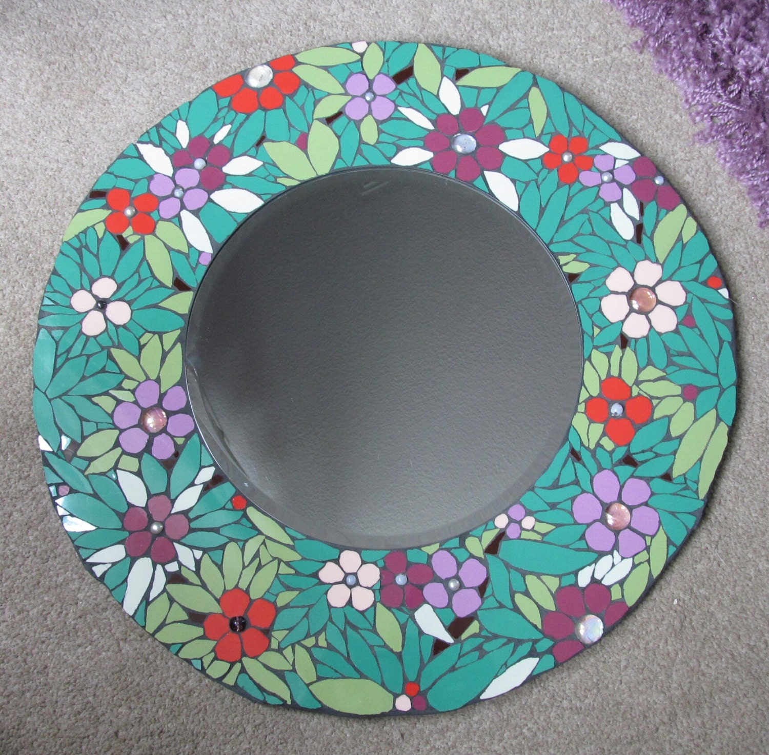 Unique handmade mosaic mirror, 44cm diameter,  Tiffany-inspired design