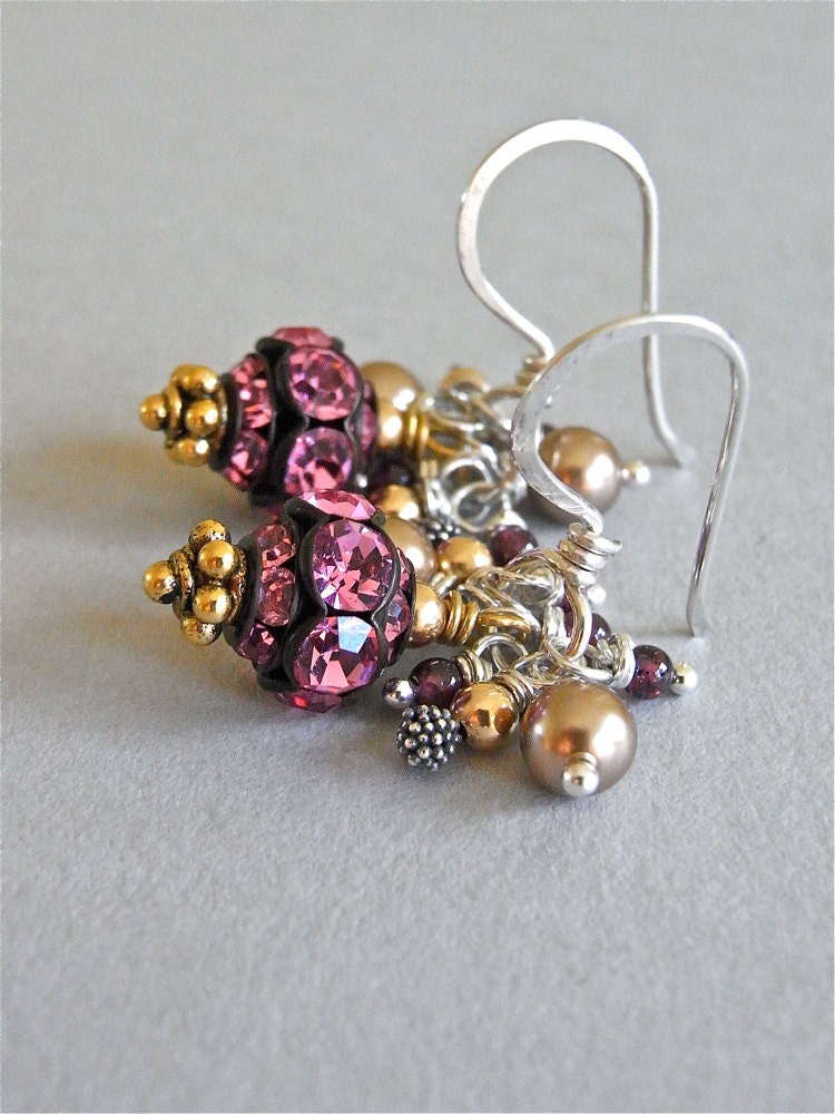 Earrings - sterling silver, vintage crystal, Swarovski pearl, rhodonite garnet, goldfill, vermeil - Framboise