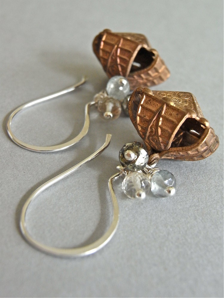 Earrings - sterling silver, vintage brass, scapolite, pyrite, moss aquamarine - Dreydl