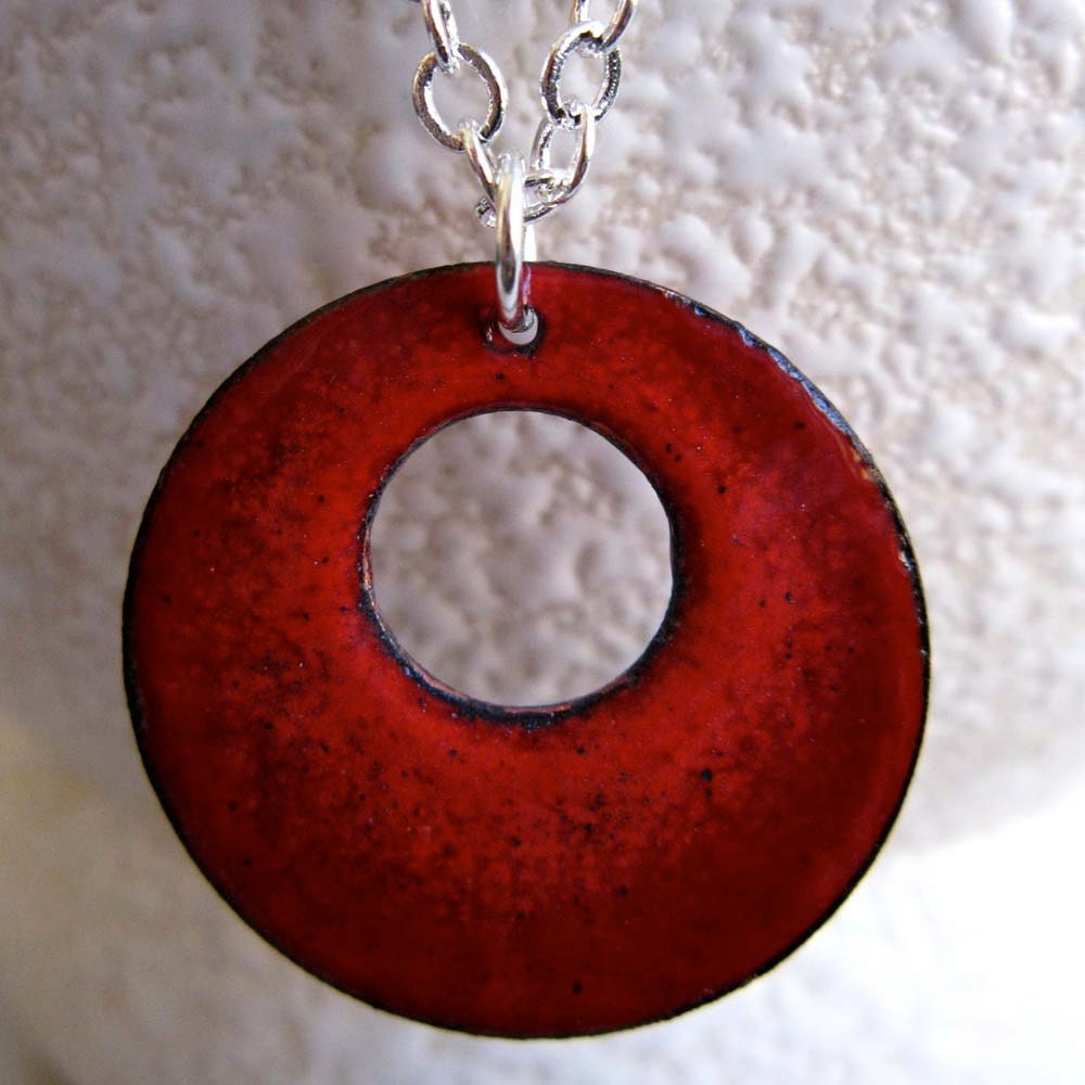 Ready to Ship: Reversible Ombre Enamel Pendant Necklace, Burgundy and Geranium Red Glass Enamel, 16 or 18 Inch Sterling Silver Chain