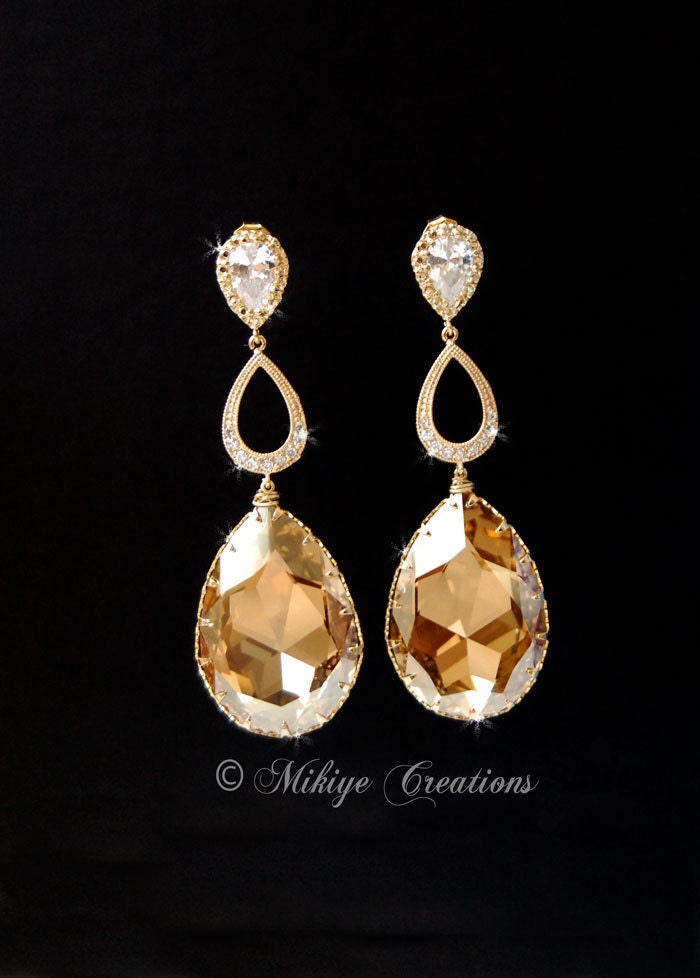 Chandelier Bridal Wedding Swarovski Crystal Cubic Zirconia Large Drop Earrings - Tiffany In Gold
