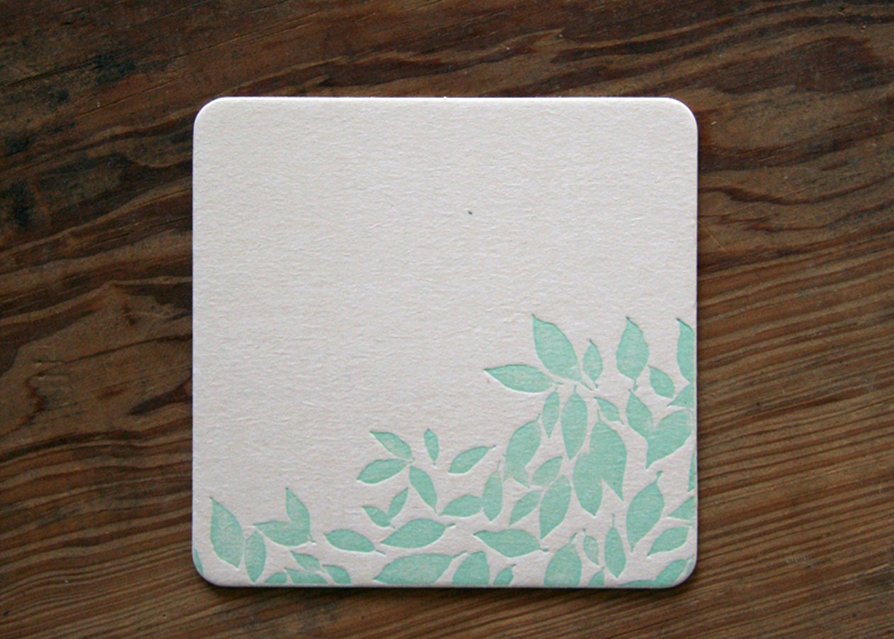 Mint Leaves: Square Letterpress Coasters (set of 4)