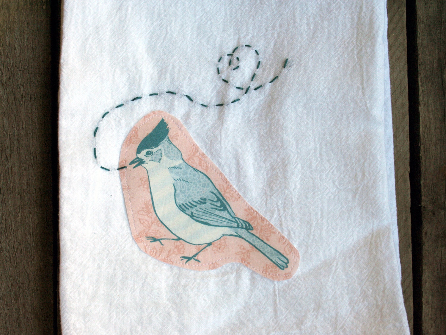 Stitched Blue Songbird Tea Towel / Dish Cloth