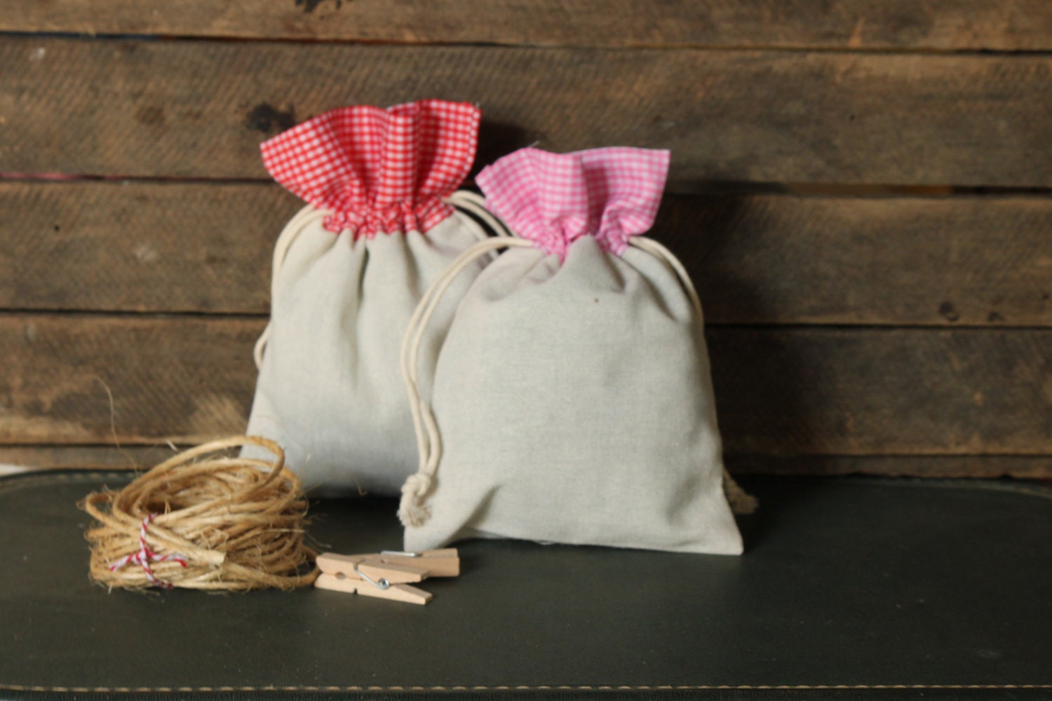 Cotton Bag with Pink Gingham Top Drawstring Set of 4 Il_570xn