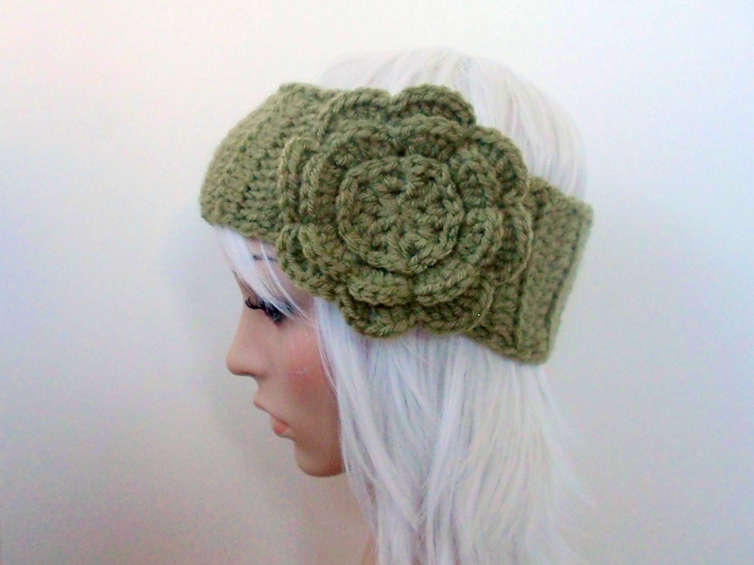 READY TO SHIP - Green Crochet Ribbed Headband with Flower