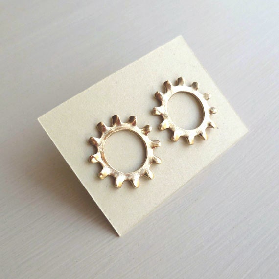 Cog Earrings - Brass - Gears - Cog Studs - Industrial Chic - Urban - Rustic - Punk - Rock - Rugged - Spiky - Spiked - Steampunk Earrings