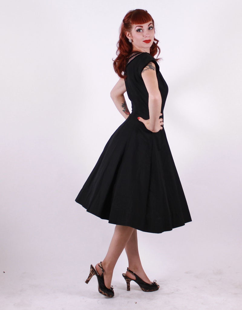 50s Dress - Black and Pink Princes Seam Cotton Cocktail Dress - Small