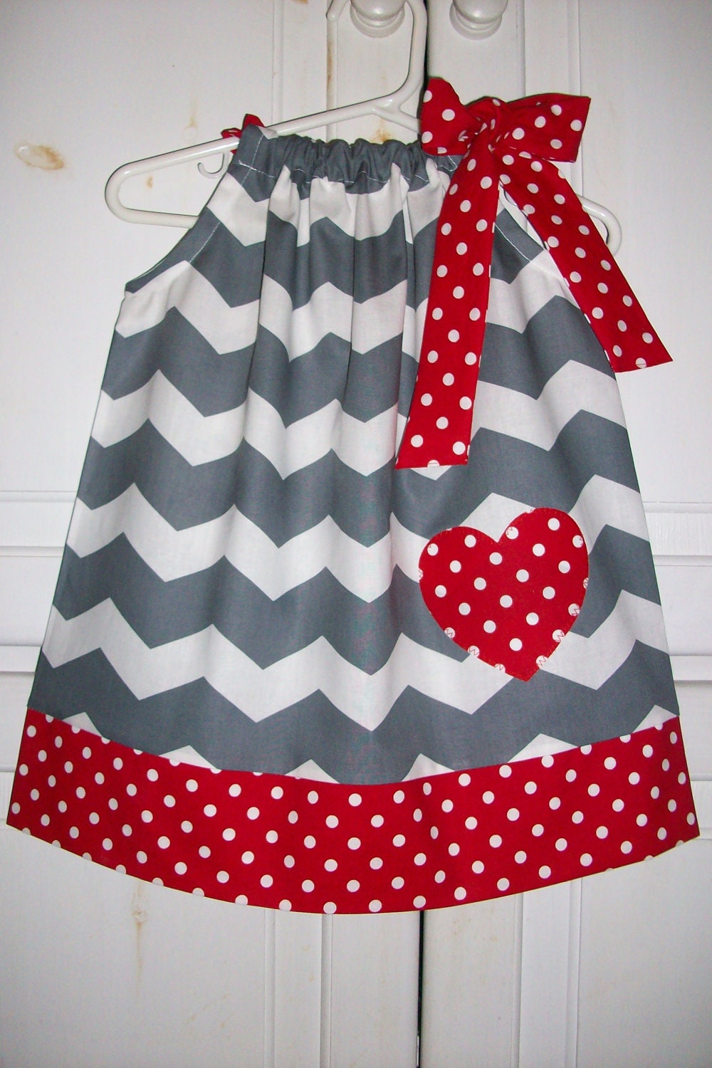 Valentines Pillowcase Dress CHEVRON Grey with Red Heart baby toddler girl